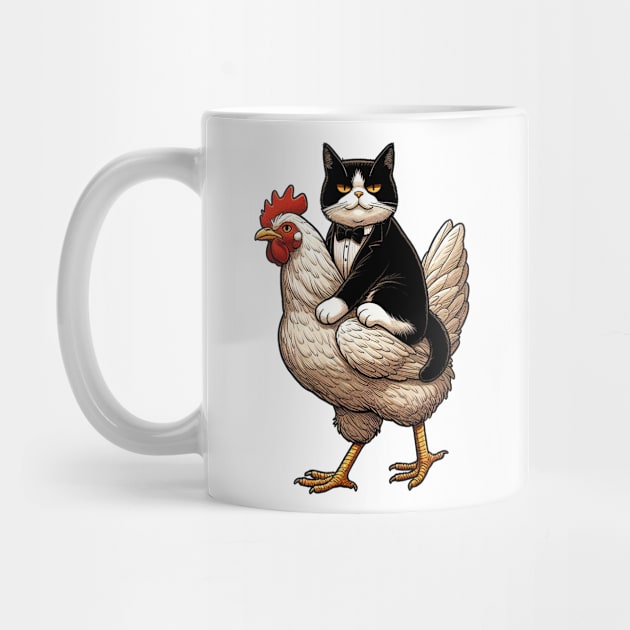 Tuxedo Cat Riding on A Chicken by Mr.PopArts